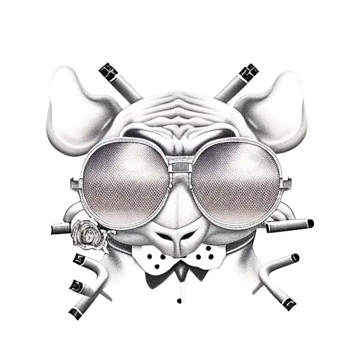 Stich with sunglasses dressed as a Mexican gang member with guns in hands smoking a cigarette  tattoo design idea