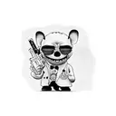 Stich with sunglasses dressed as a Mexican gang member with guns in hands smoking a cigarette  tattoo design idea