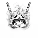 Stich with sunglasses dressed as a Mexican gang member with guns in hands smoking a cigarette  tattoo design idea