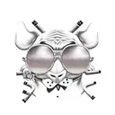 Stich with sunglasses dressed as a Mexican gang member with guns in hands smoking a cigarette  tattoo design idea