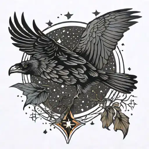 crow in flight with orion star constellation tattoo design idea