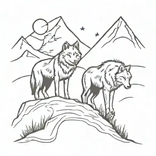 2 wolves on a hill tattoo design idea