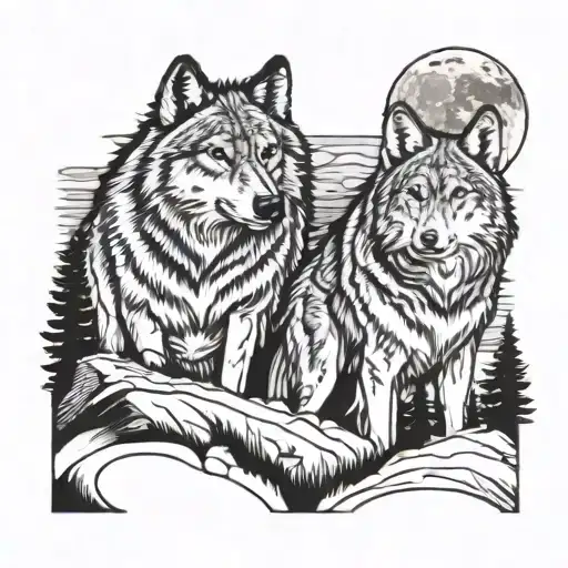 2 wolves on a hill tattoo design idea