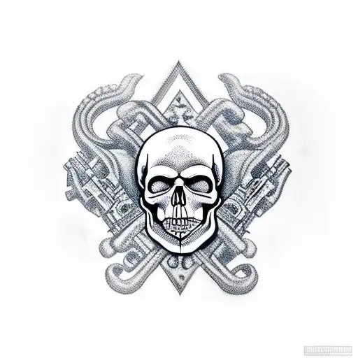 skull whit gun money and drugs and ak47  tattoo design idea