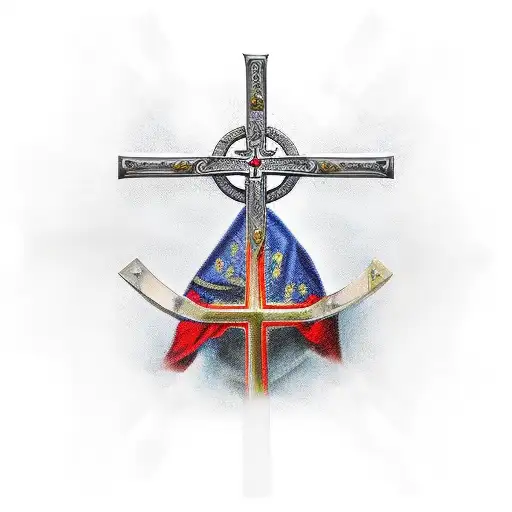 traditional cross with a crusader holding a broadsword on the left and right tattoo design idea