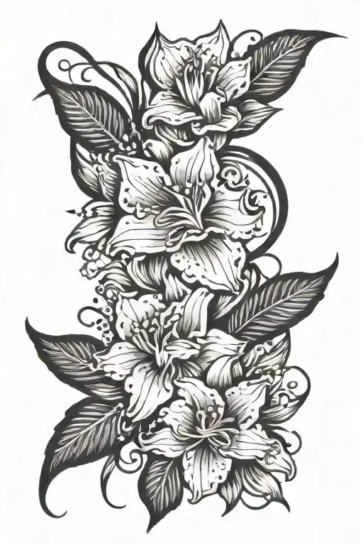 long, narrow wrist tattoo incorporating carnation, gladiolus, Lily of the valley and aster flowers tattoo design idea