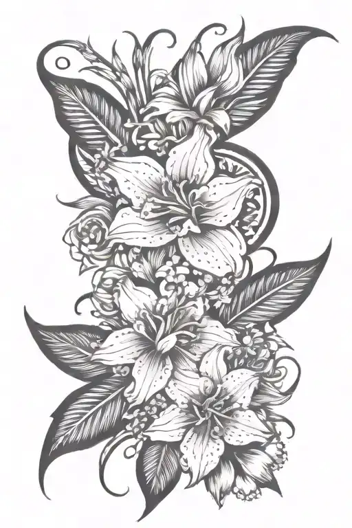 long, narrow wrist tattoo incorporating carnation, gladiolus, Lily of the valley and aster flowers tattoo design idea