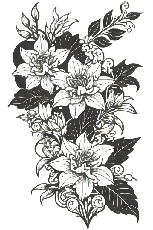 long, narrow inner wrist tattoo incorporating carnation flowers, aster flowers, lily if the valley flower and gladiolus  tattoo design idea