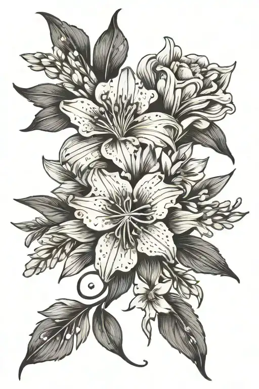 long, narrow wrist tattoo incorporating carnation, gladiolus, Lily of the valley and aster flowers tattoo design idea