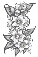 long, narrow wrist tattoo incorporating carnation, gladiolus, Lily of the valley and aster flowers tattoo design idea