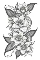 long, narrow wrist tattoo incorporating carnation, gladiolus, Lily of the valley and aster flowers tattoo design idea