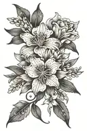 long, narrow wrist tattoo incorporating carnation, gladiolus, Lily of the valley and aster flowers tattoo design idea