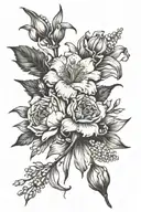 long, narrow wrist tattoo incorporating carnation, gladiolus, Lily of the valley and aster flowers tattoo design idea