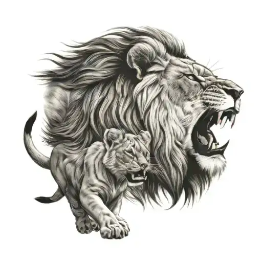 lion roaring with its cub tattoo design idea