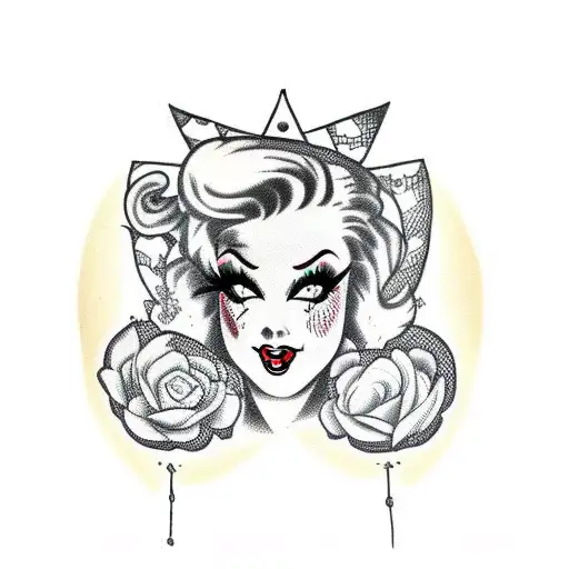 Pinup girl, fishnets, goth, girl, woman tattoo design idea