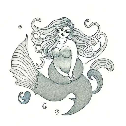 curly hair chubby mermaid, beautiful tail tattoo design idea
