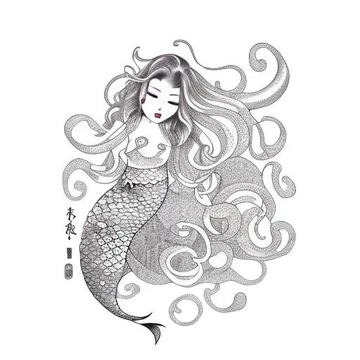 curly hair chubby mermaid, beautiful tail tattoo design idea