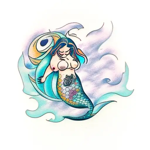 chubby topless  mermaid, beautiful tail tattoo design idea