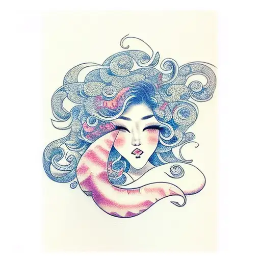 curly hair chubby mermaid, beautiful tail tattoo design idea