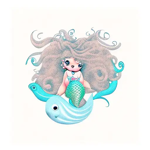 curly hair chubby mermaid tattoo design idea