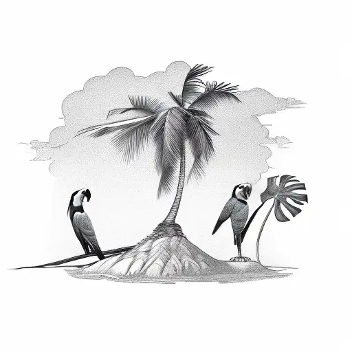 parrot with a drink leaning on a palm tree on a desert island tattoo design idea