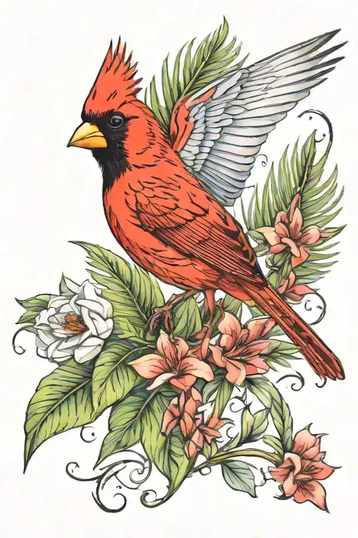 Tropical Cardinal flying tattoo design idea