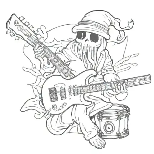 Ghost with beanie,  ghost with drumsticks, ghost with bass guitar tattoo design idea