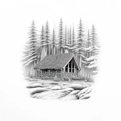 forest scene with cabin and deer tattoo design idea