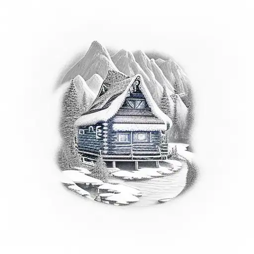 nature scene with cabin leading up into mountains with dragon protecting two hatchlings on mountainside tattoo design idea