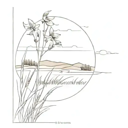 A minimalist tattoo design of a serene meadow landscape with gentle wind blowing through the grass and flowers, capturing the client's love for nature tattoo design idea