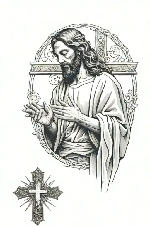 Jesus praying with cross in The background with psalms 65:3 verse going down next to jesus in the font “billy argel”  tattoo design idea