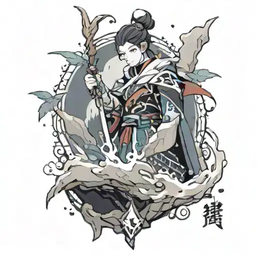 A Genshin Impact character practicing ancient magic in a mountain cave tattoo design idea