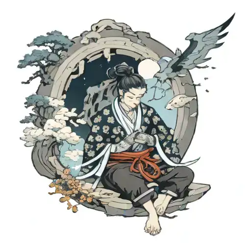 A Genshin Impact character practicing ancient magic in a mountain cave tattoo design idea