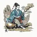 A Genshin Impact character practicing ancient magic in a mountain cave tattoo design idea