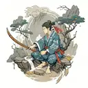 A Genshin Impact character practicing ancient magic in a mountain cave tattoo design idea
