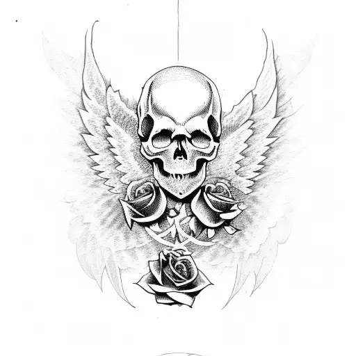skull with wings and roses tattoo design idea