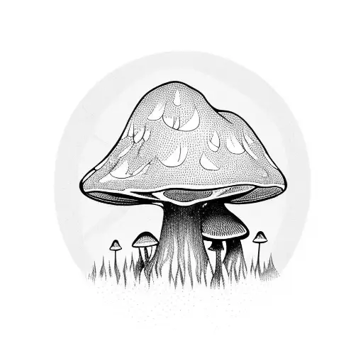 A dark and mysterious forest with glowing mushrooms and a silhouette of Mew tattoo design idea