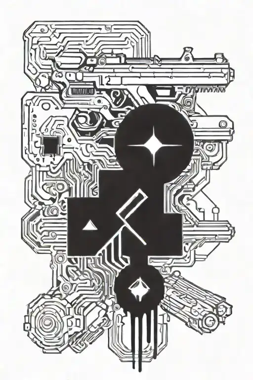 cyberpunk, guns, cityscape inspired tattoo design idea
