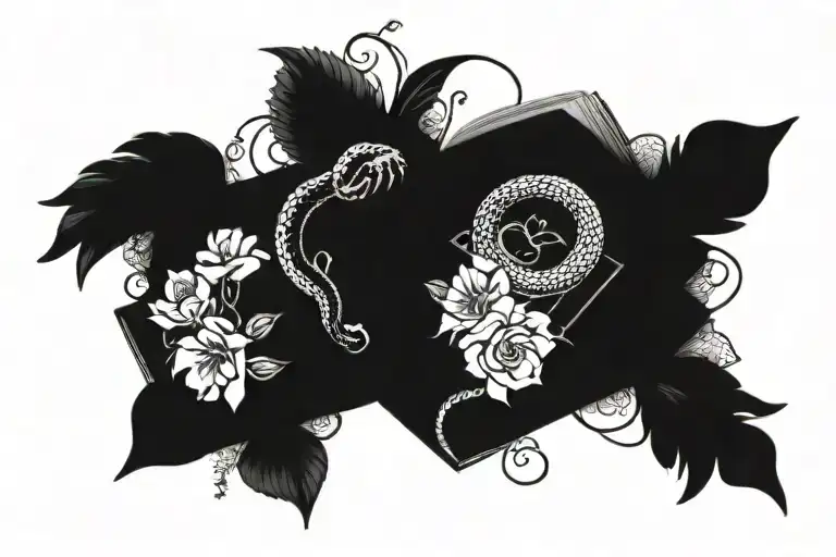 Book surrounded by flowers and a snake and barbed wire tattoo design idea
