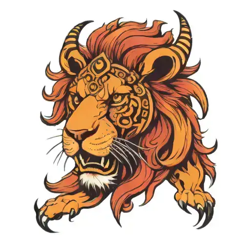 a majestic lion head, red, orange colored fire mane, bull nose, ring through nostrils, bull horns, scorpions on him  tattoo design idea