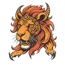 a majestic lion head, red, orange colored fire mane, bull nose, ring through nostrils, bull horns, scorpions on him  tattoo design idea