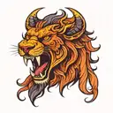 a majestic lion head, red, orange colored fire mane, bull nose, ring through nostrils, bull horns, scorpions on him  tattoo design idea