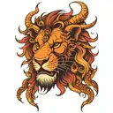 a majestic lion head, red, orange colored fire mane, bull nose, ring through nostrils, bull horns, scorpions on him  tattoo design idea