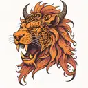 a majestic lion head, red, orange colored fire mane, bull nose, ring through nostrils, bull horns, scorpions on him  tattoo design idea
