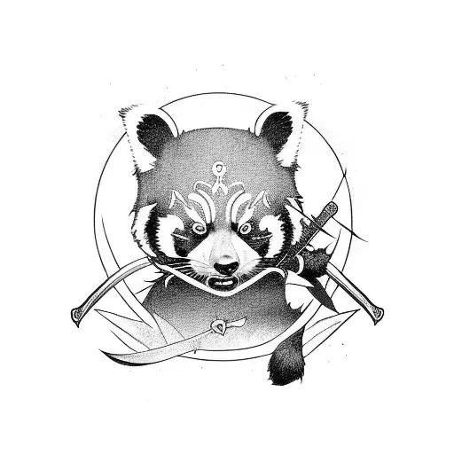 Ninja red panda fighting stance with sword tattoo design idea