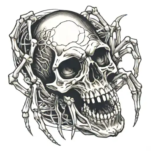 skeleton of a spider which could be a main villain in a movie. detailed bones and a scary skull with Big teeth tattoo design idea