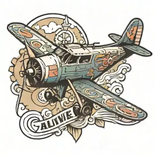 alive with aeroplane around it tattoo design idea