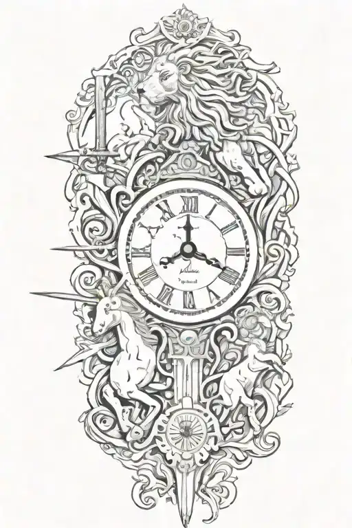 lion, clock, white horse, angel holding a sword tattoo design idea