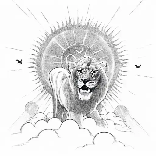 jesus walking out of clouds with sun rays behind him while he is walking a lion with a logging chain tattoo design idea