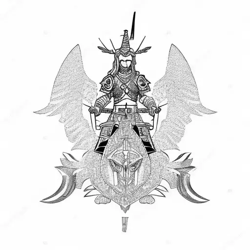 angelic warrior riding an armored unicorn ready for war with a lion as his backup tattoo design idea